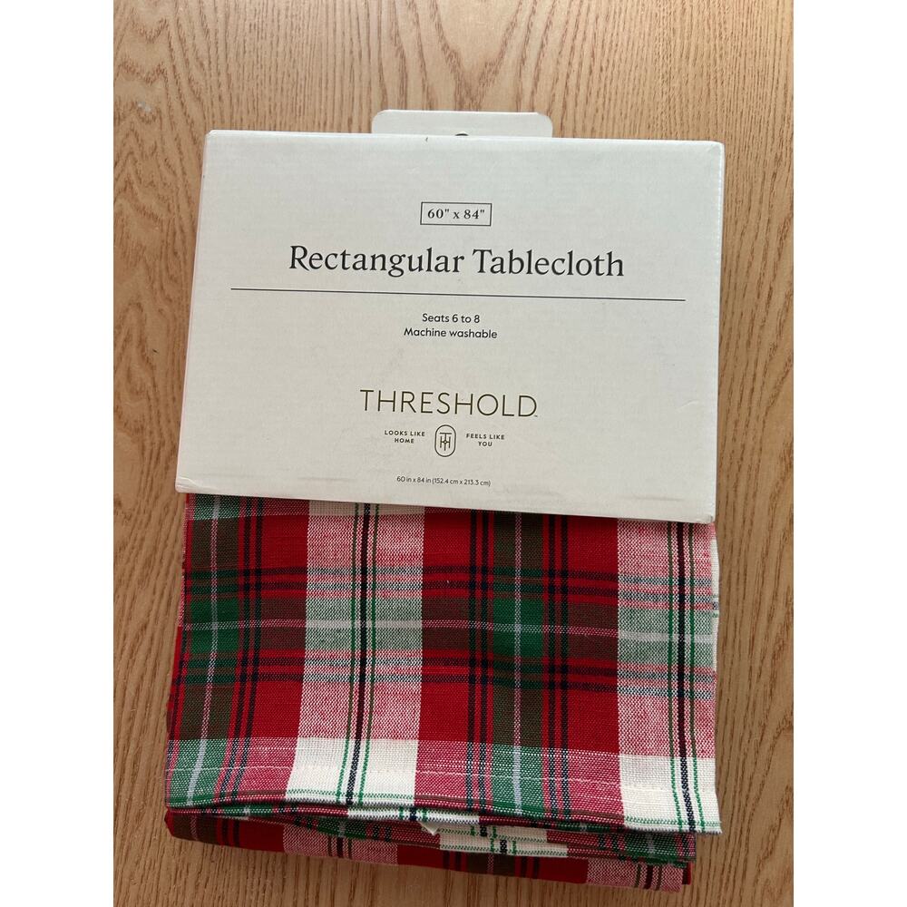 New Threshold Rectangular Tablecloth Poly Cotton Xmas 🤶 Red Green Plaid 60”x84”
